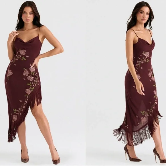 NWOT HOUSE OF CB Eloisa Wine Embroidered Fringe high low Midi Dress sz M - Picture 3 of 8